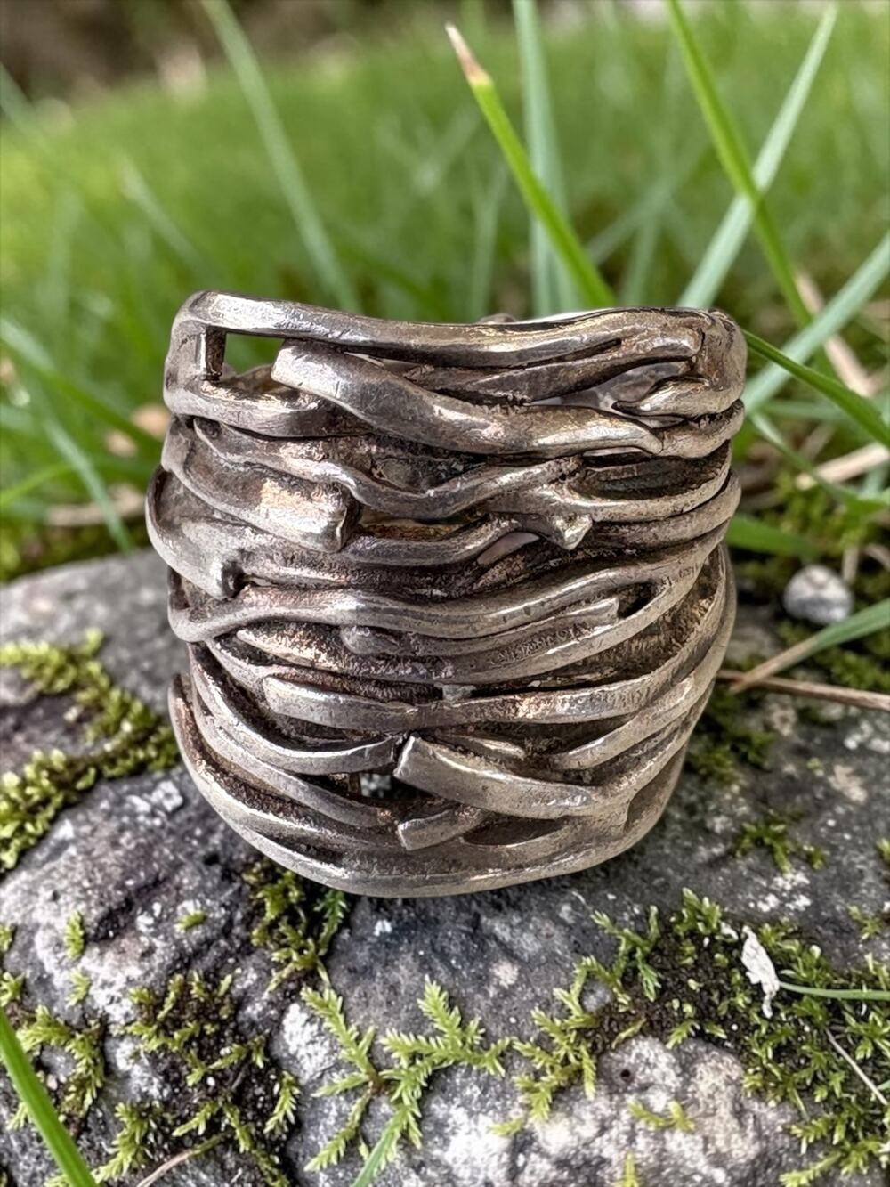 Vintage Sterling Silver sculptural stacked band ring layered openwork design
